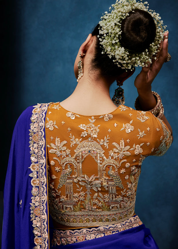Royal Blue Embroidered Designer Tissue Saree