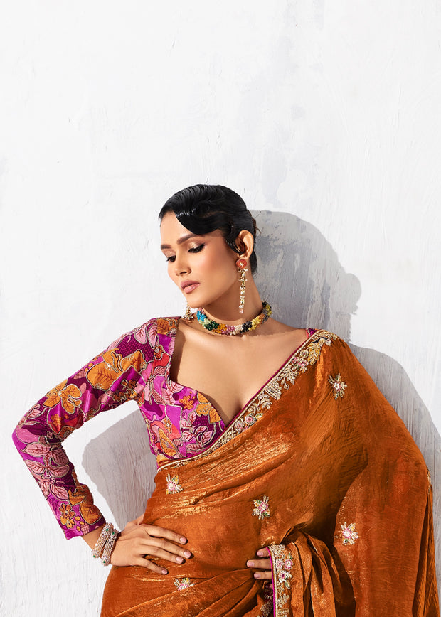 Rust Orange Embroidered Designer Saree