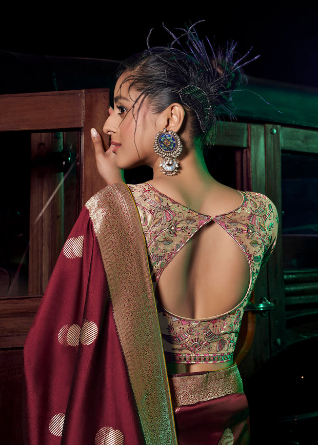 “Exclusive Offer” : Rich Maroon Woven Banarasi Silk Saree With Embroidered Blouse