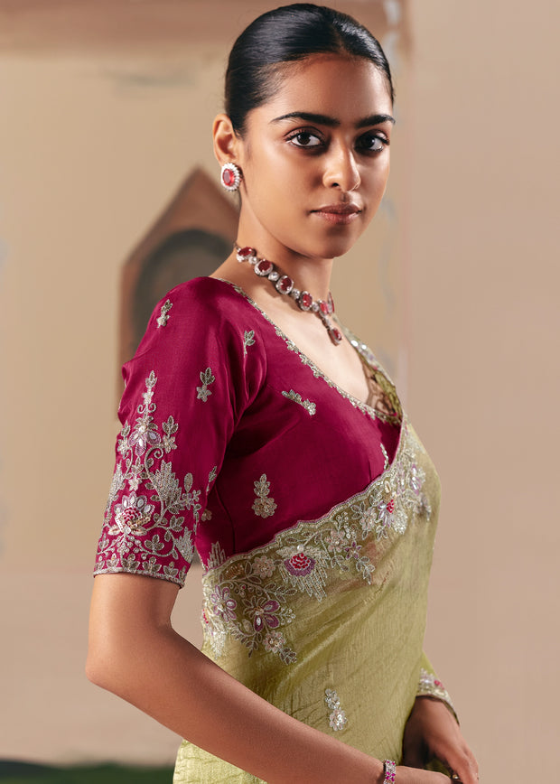 Pista Green Embroidered Designer Saree