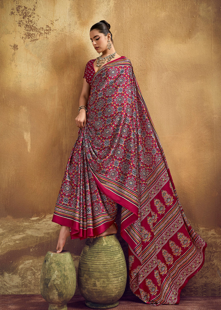Beet Red Printed Satin Silk Saree