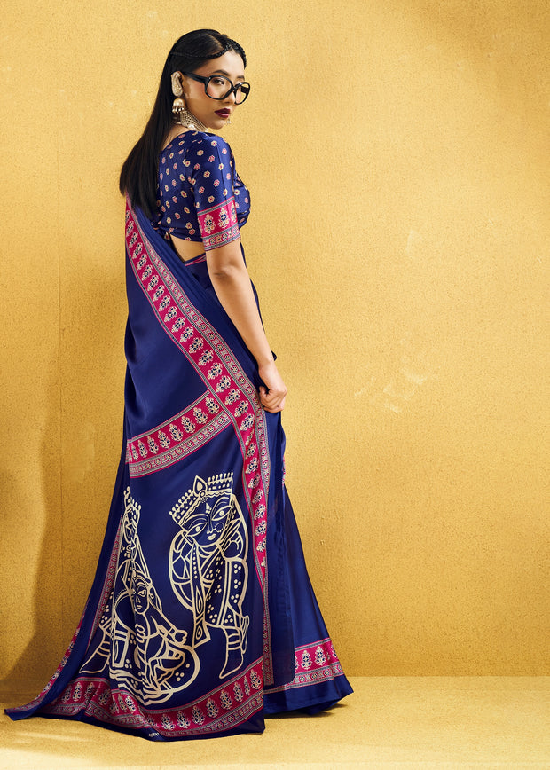 Royal Blue Satin Silk Saree with Ajrakh Printed Pallu and Blouse