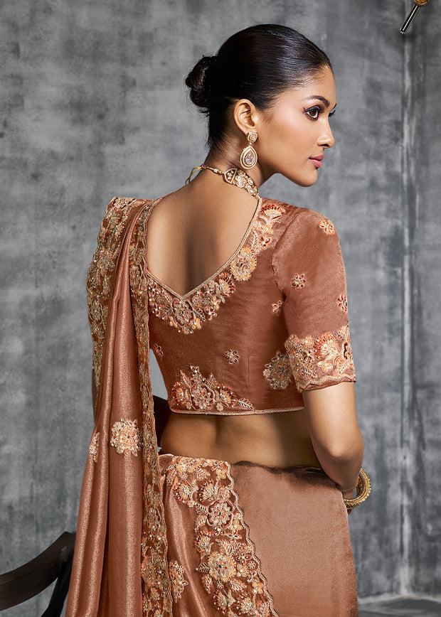 Hazel Brown Embroidered Tissue Silk Saree
