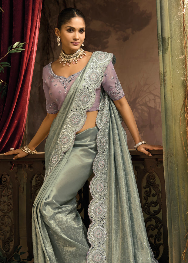 Cloud Grey Embroidered Designer Tissue Saree