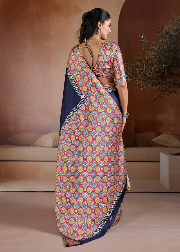 Navy Blue Printed Satin Silk Saree