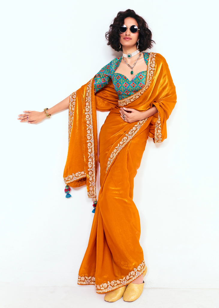 Peel Orange Designer Embroidered Tissue Saree