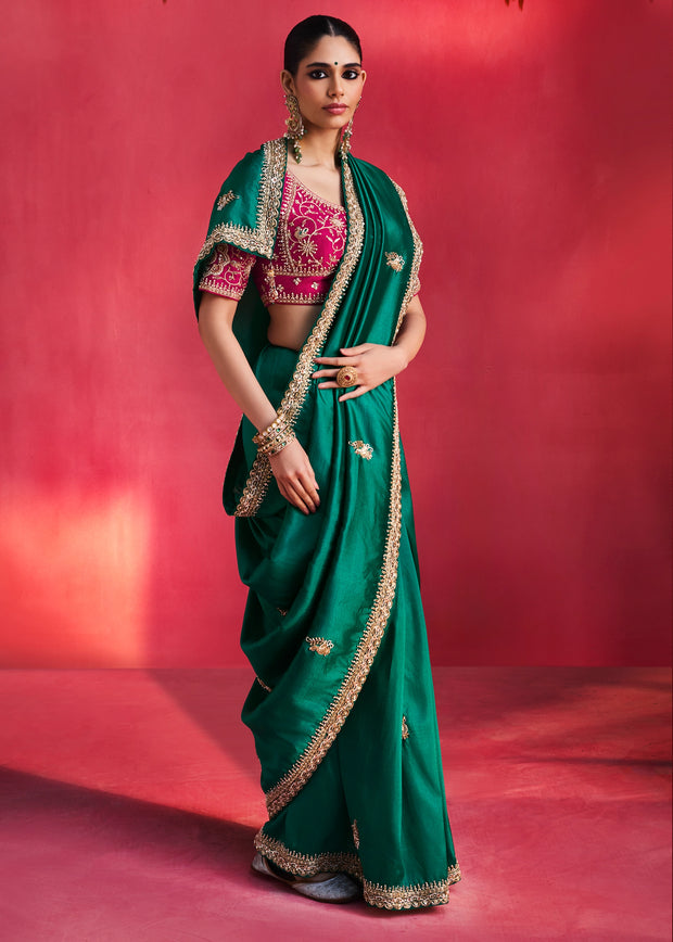 Deep Teal Green Embroidered Soft Silk Saree With Contrast Blouse