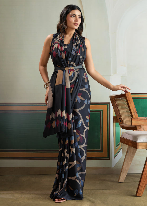 Midnight Black Printed Satin Silk Saree