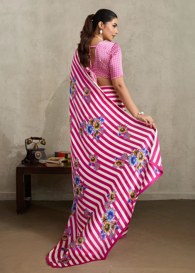 Blush Pink Printed Satin Silk Saree