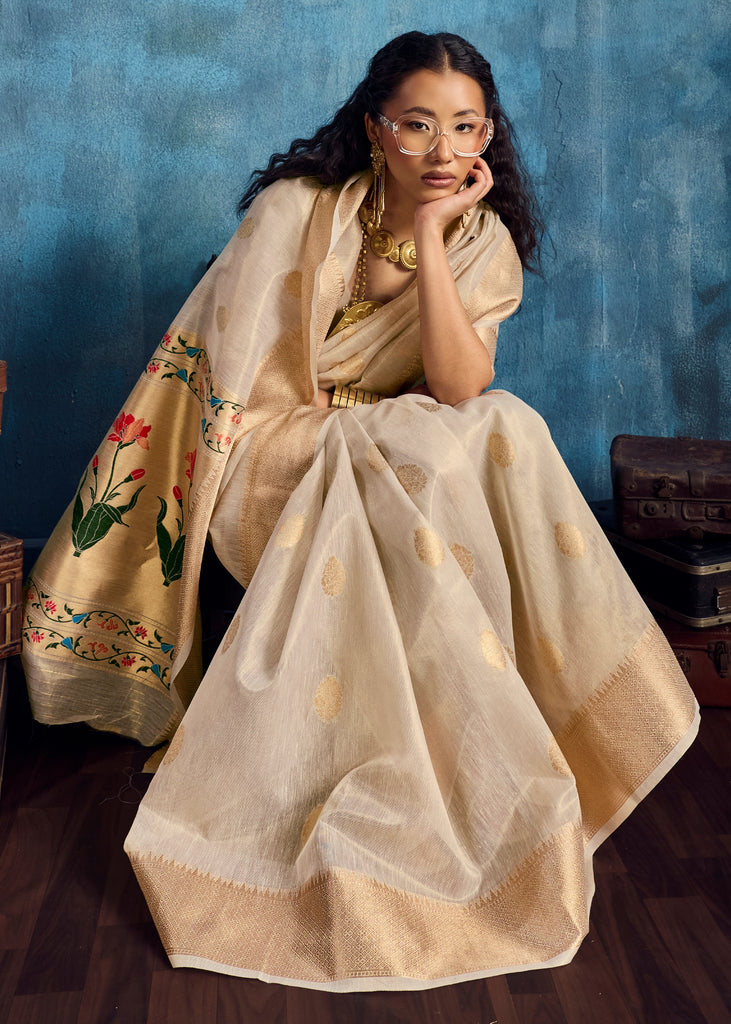 Antique White Woven Paithani Tissue Silk Saree