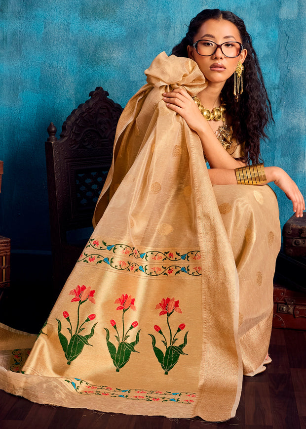 Golden Beige Woven Paithani Tissue Silk Saree