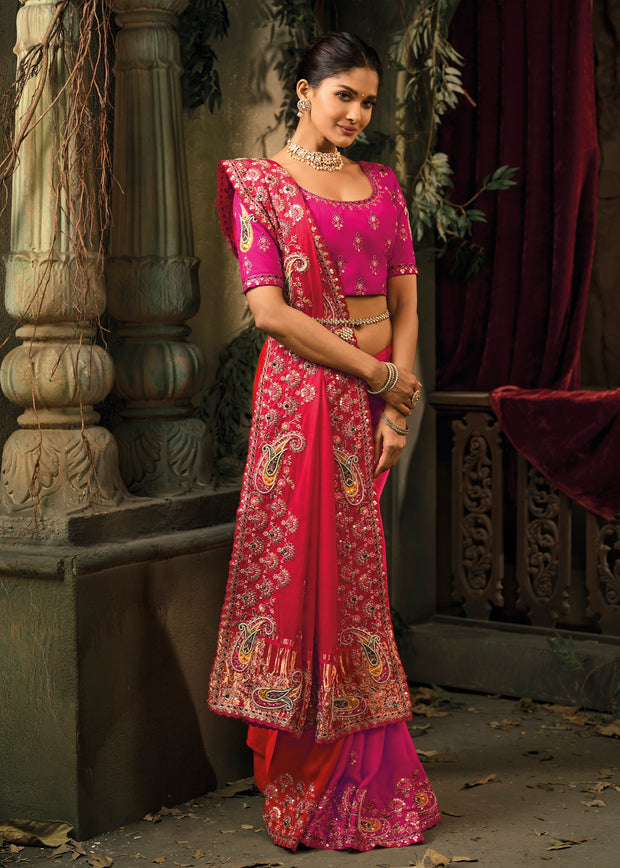 Bridal Pink Designer Embroidered Silk Saree