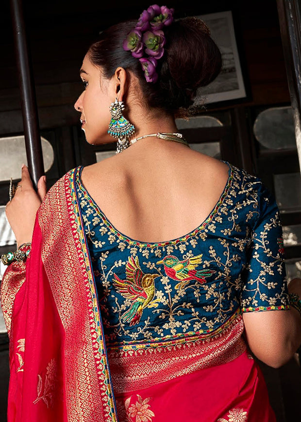 “Exclusive Offer” : Bridal Red Woven Embroidered Banarasi Silk Saree