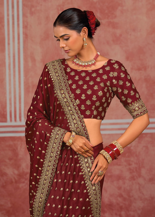 Bridal Maroon Embroidered Designer Saree