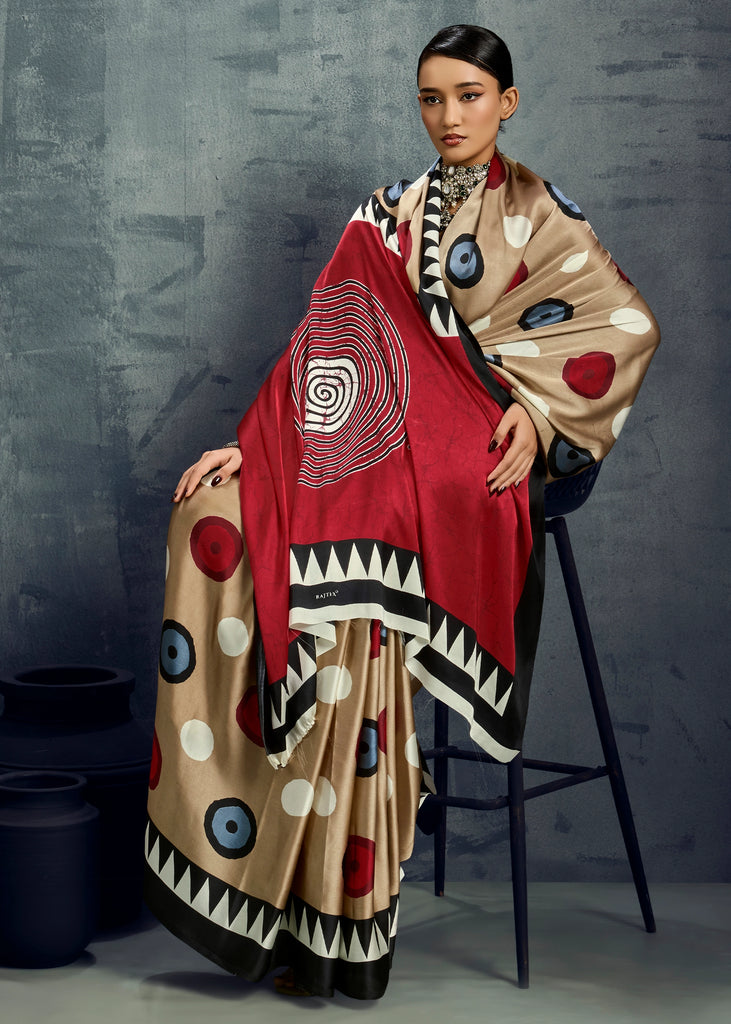 Safari Beige Printed Satin Silk Saree