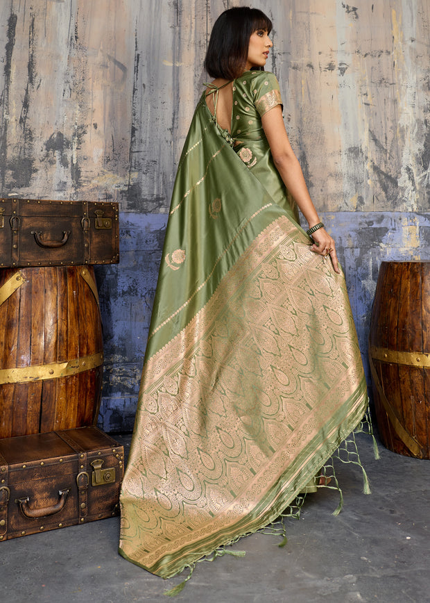 Kiwi Green Woven Banarasi Satin Silk Saree