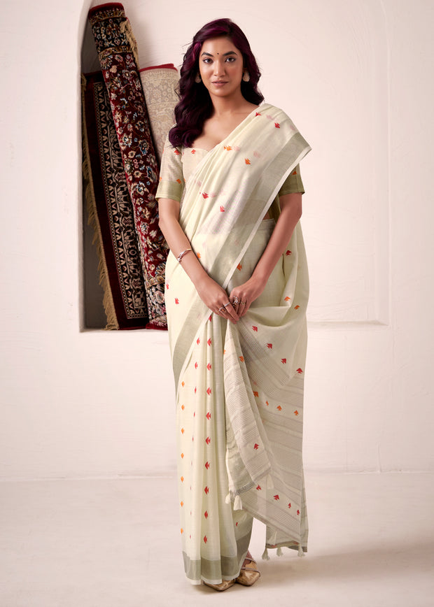 Antique White Woven Linen Silk Saree
