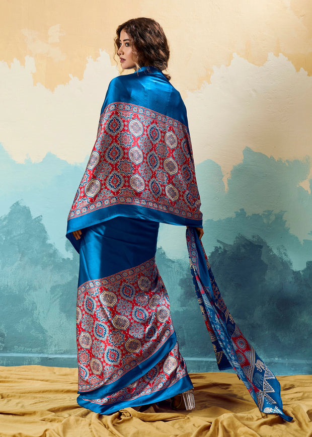 Swedish Blue Printed Satin Silk Saree
