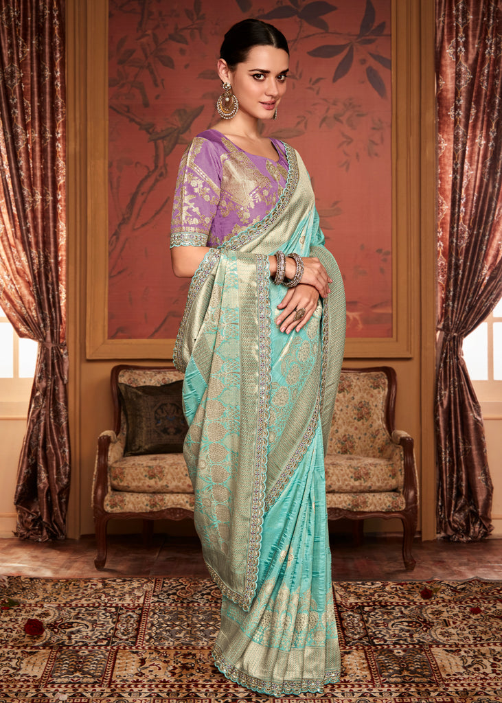Pistachio Green Woven Traditional Silk Saree With Heavy