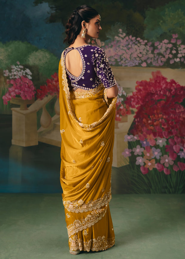 Mustard Yellow Embroidered Designer Saree