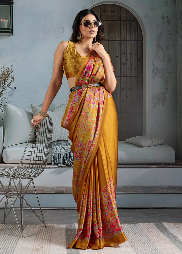 Golden Yellow Printed Satin Silk Saree