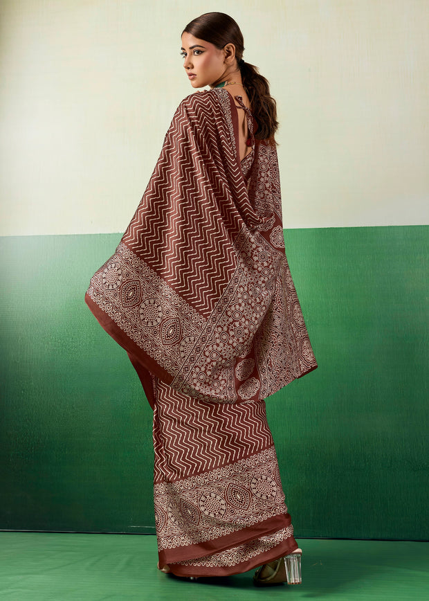 Coffee Brown Printed Satin Silk Saree