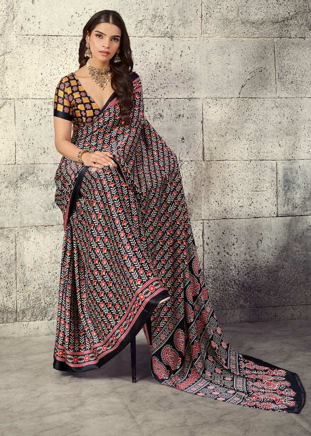 Black Printed Satin Silk Saree