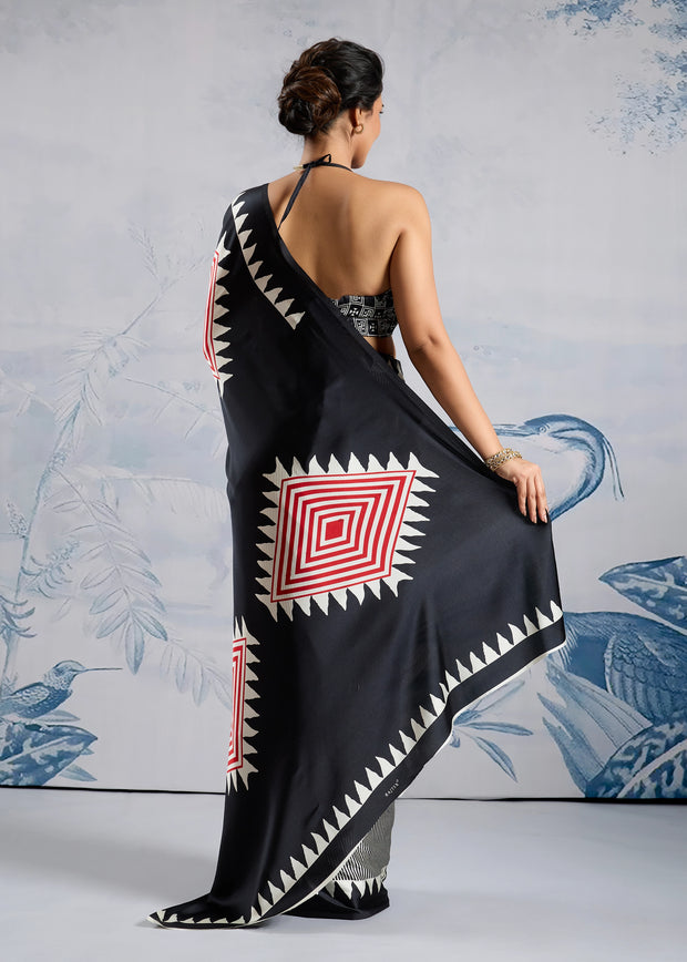 Black And White Printed Satin Silk Saree