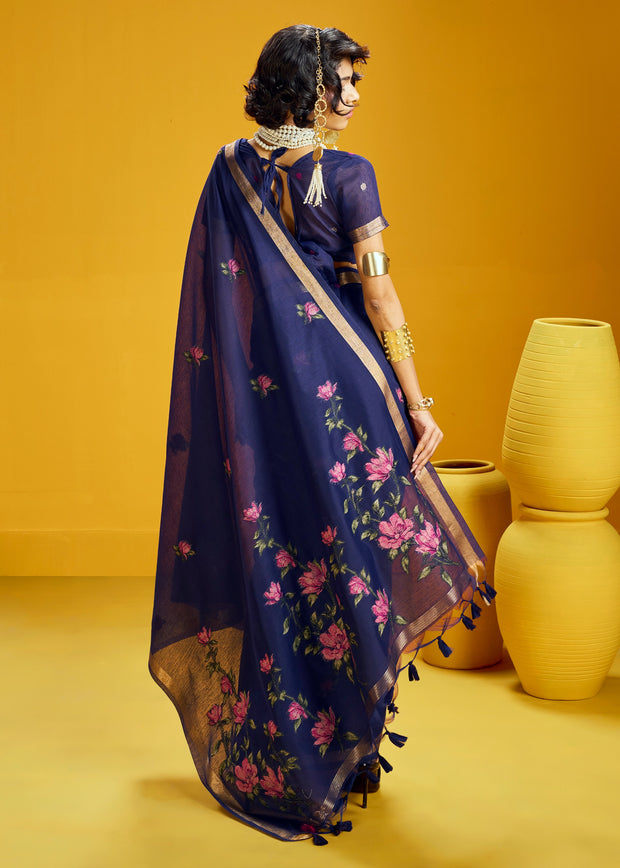 Indigo Blue Woven Munga Cotton Silk Saree
