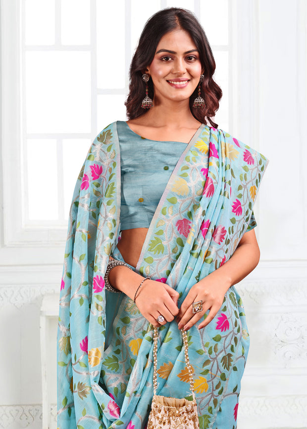 Aruba Blue Woven Linen Cotton Silk Saree