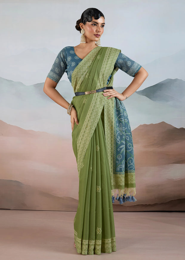 Dusky Green Woven Cotton Saree