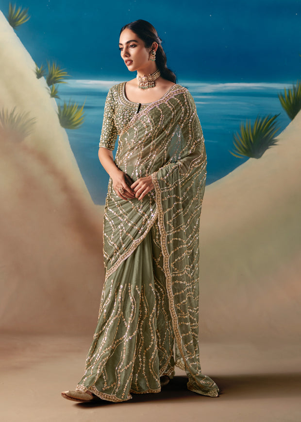 Mehendi Green Satin Organza Embroidered Saree