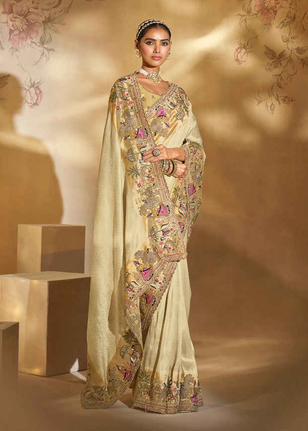 Elegant Cream Designer Embroidered Silk Saree