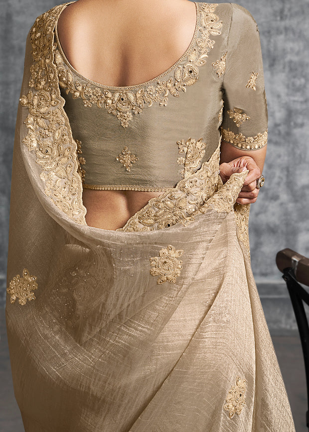 Sand Beige Embroidered Tissue Silk Saree