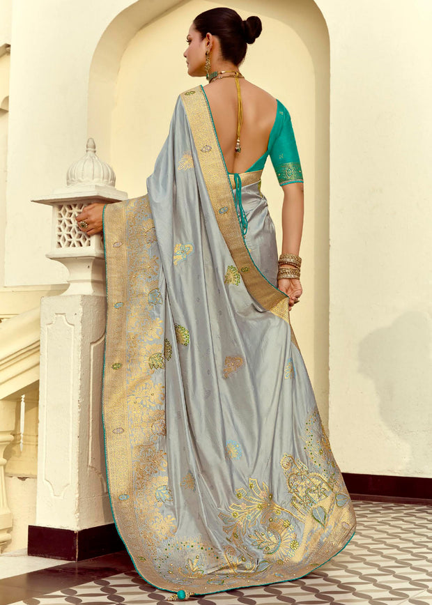 Sterling Grey Woven Banarasi Designer Silk Saree With Contrast Blouse