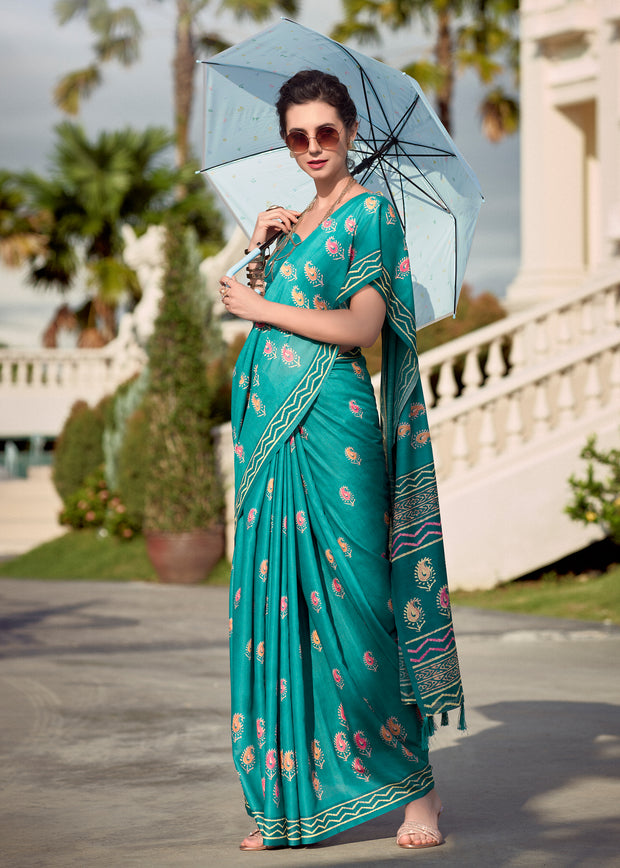 Teal Green Printed Cotton Silk Saree