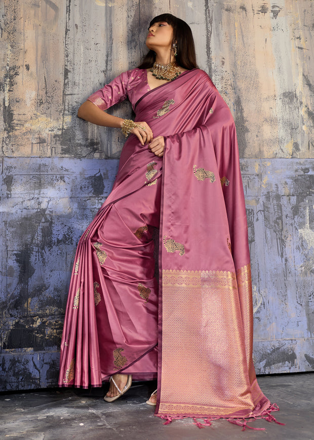 Mauve Pink Woven Banarasi Satin Silk Saree