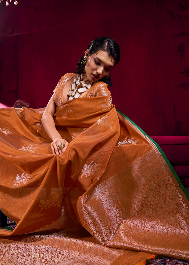 Burnt Orange Woven Banarasi Satin Linen Silk Saree