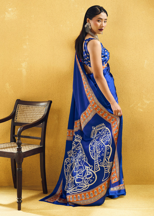 Cobalt Blue Satin Silk Saree with Ajrakh Printed Pallu and Blouse