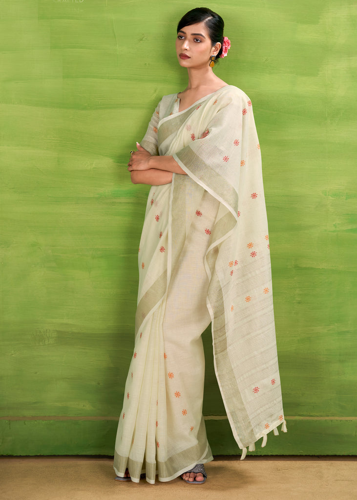 Off White Woven Linen Silk Saree