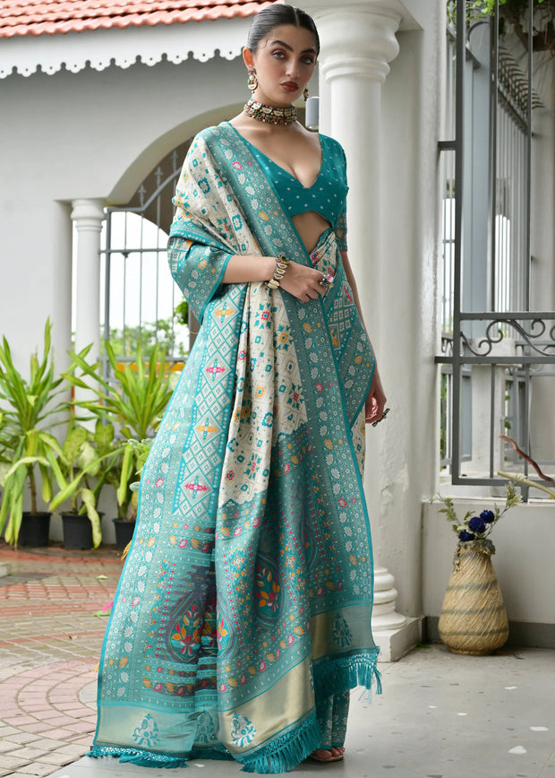 White & Sea Green Woven Banarasi Patola Silk Saree
