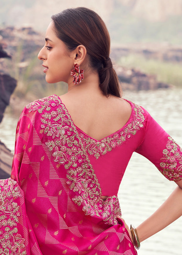 Rani Pink Woven Embroidered Satin Silk Saree