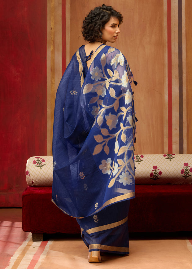 Midnight Blue Woven Cotton Silk Saree