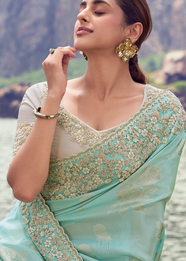 Aruba Blue Woven Embroidered Satin Silk Saree