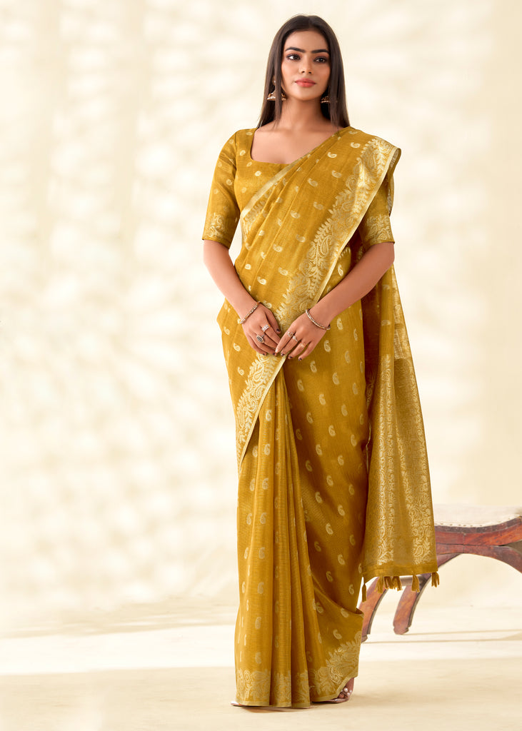 Mustard Yellow Woven Linen Tissue Silk Saree