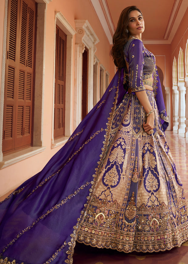 Purple Banarasi Silk Embroidered Lehenga