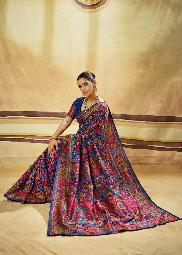 Navy Blue Woven Cotton Kashmiri Jamewar Saree