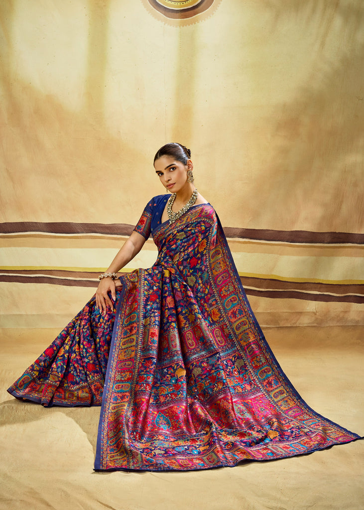 Navy Blue Woven Cotton Kashmiri Jamewar Saree