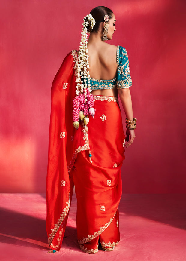 Crimson Red Embroidered Soft Silk Saree With Contrast Blouse