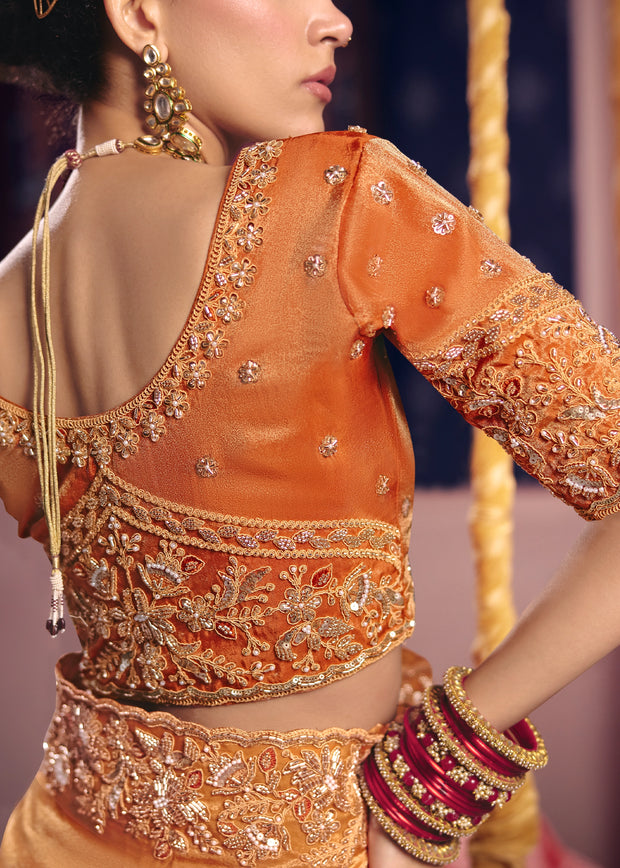Saffron Orange Embroidered Tissue Designer Saree